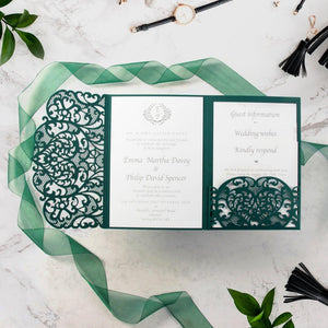 50 Beautiful Luxury Forest Green Laser Cut Wedding Invitation Wraps - Lasercutwraps Shop