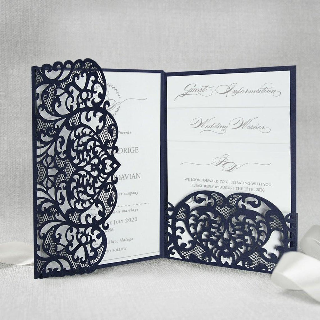 50 Beautiful Luxury Navy Blue Laser Cut Wedding Invitation Wraps - Lasercutwraps Shop