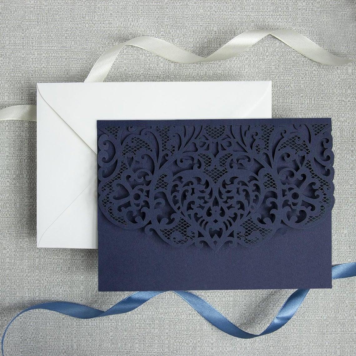 50 Beautiful Luxury Navy Blue Laser Cut Wedding Invitation Wraps - Lasercutwraps Shop