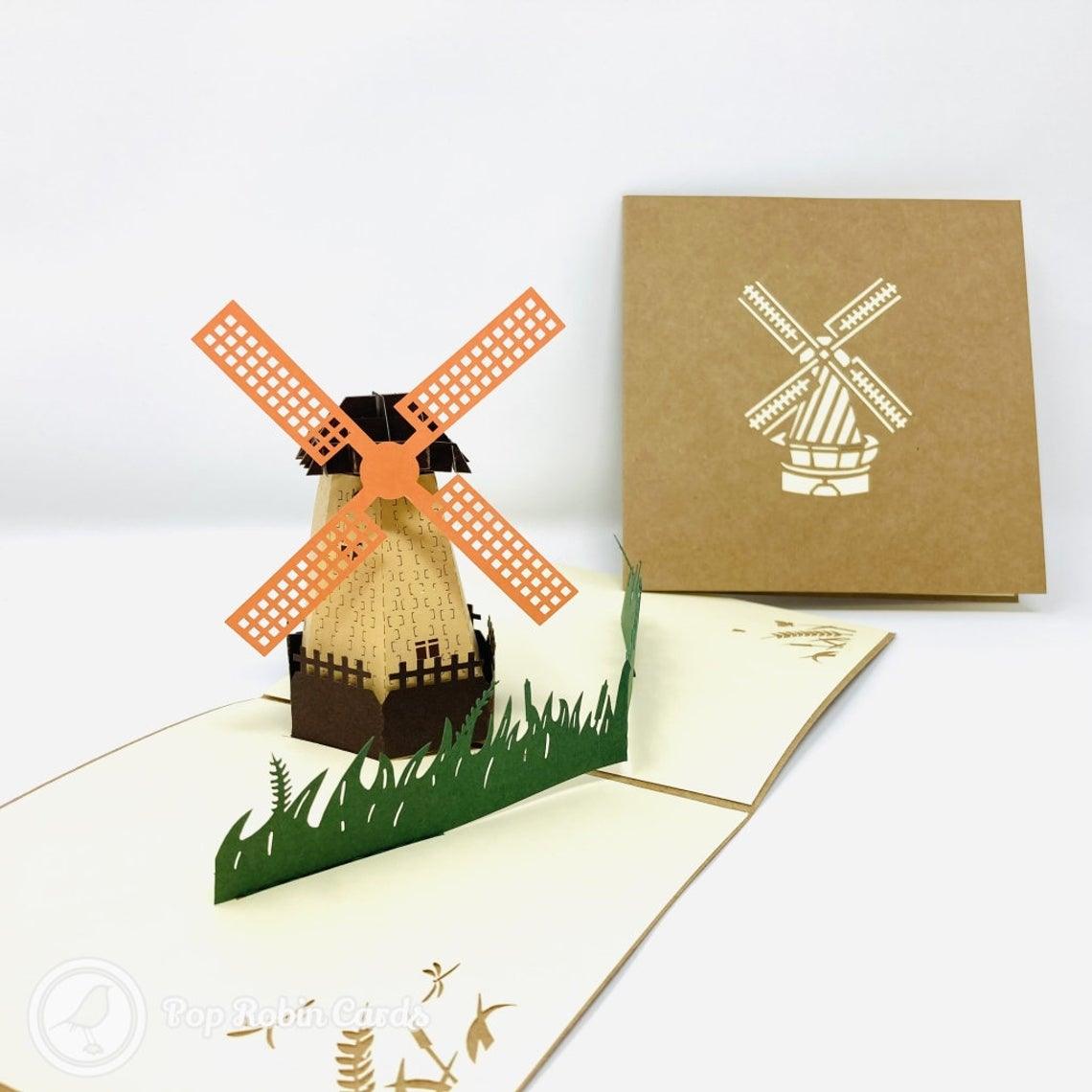 Dutch Windmill In Field 3D Handmade Pop Up Greetings Card - Lasercutwraps Shop