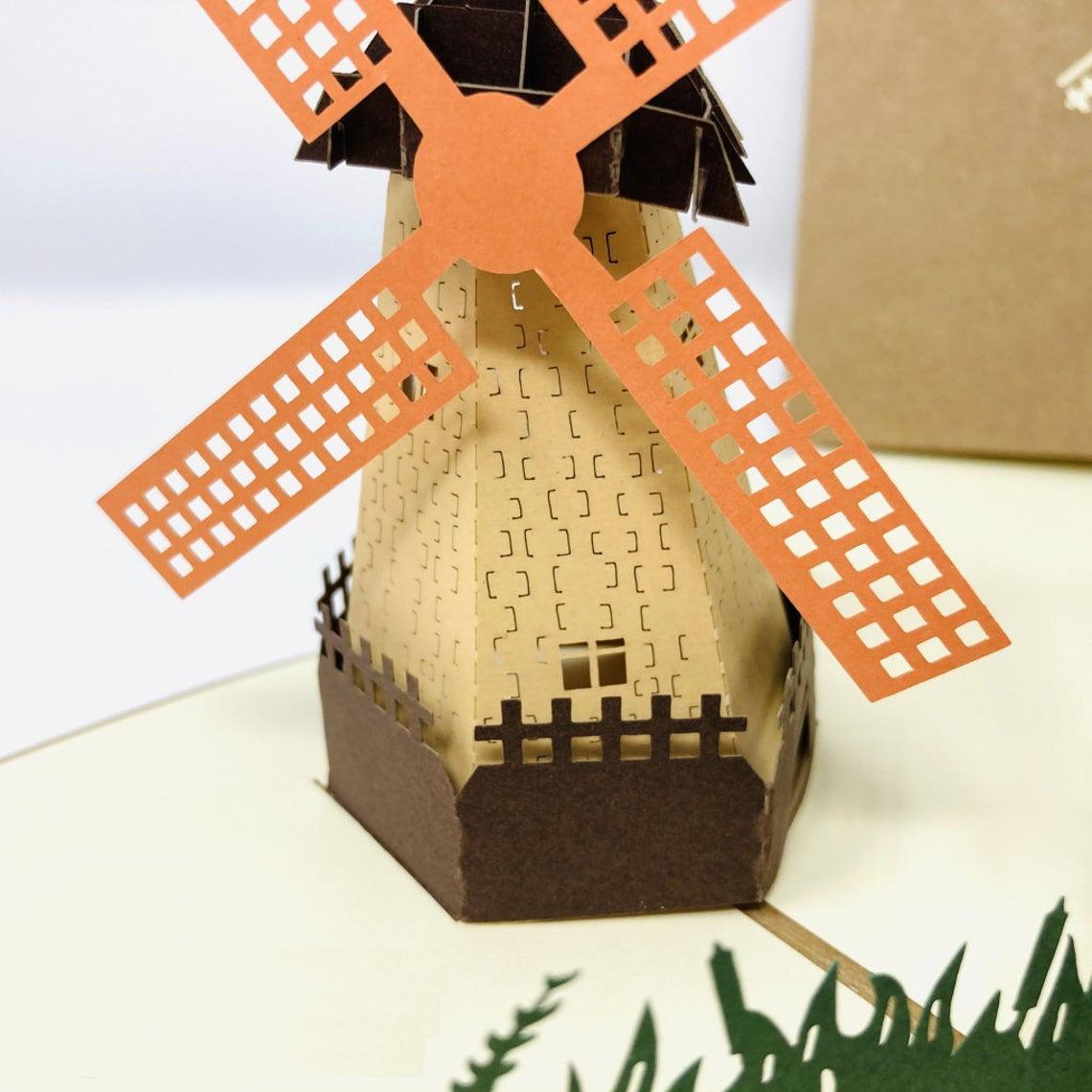 Dutch Windmill In Field 3D Handmade Pop Up Greetings Card - Lasercutwraps Shop