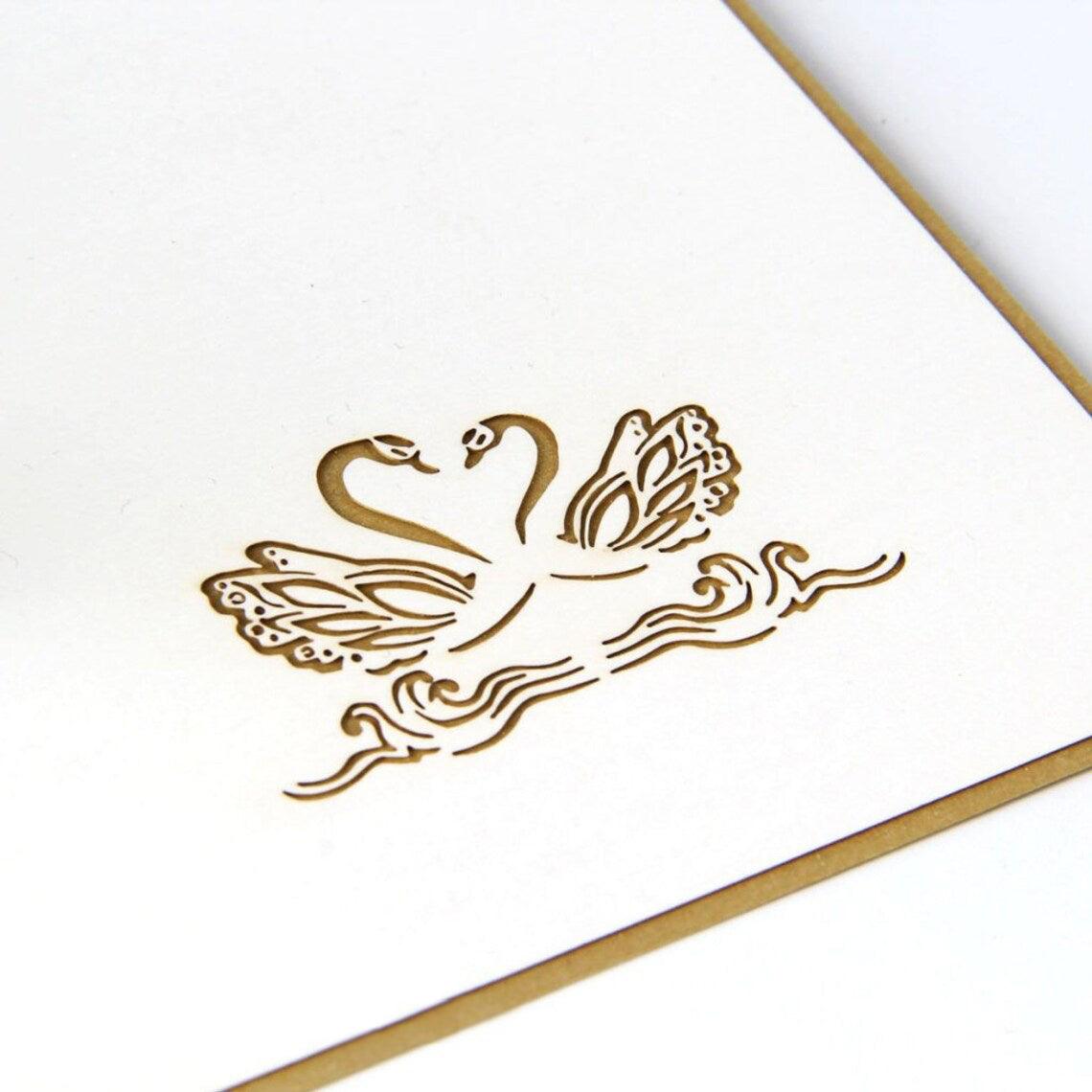 Handmade 3D Pop-Up Card with White Swan Design - Lasercutwraps Shop