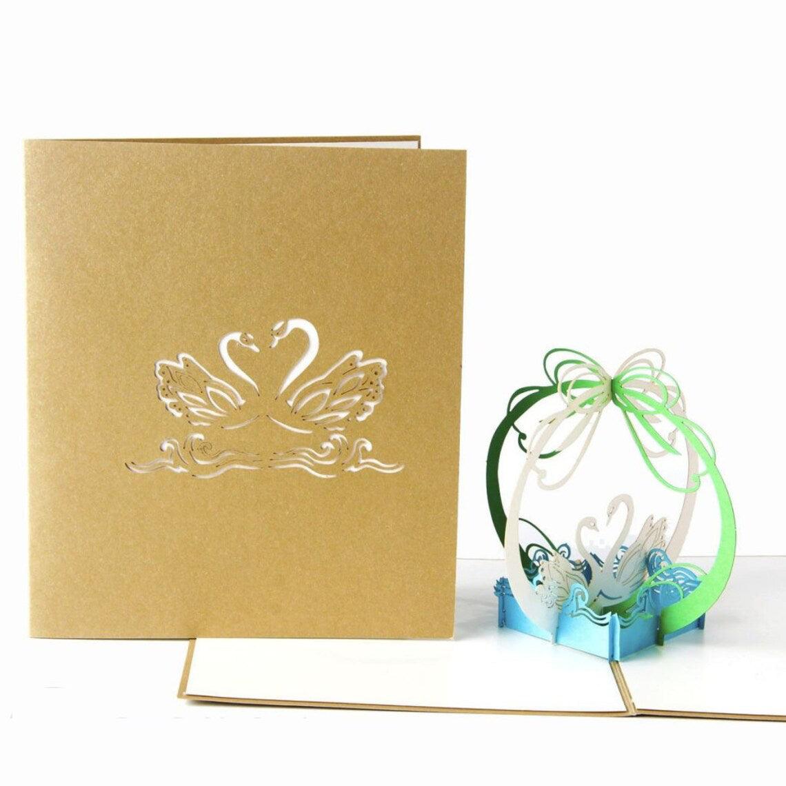 Handmade 3D Pop-Up Card with White Swan Design - Lasercutwraps Shop
