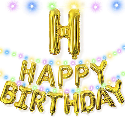 Happy Birthday Banner Decorations (Gold-LED), Balloons Party Sign Lights Banners, Foil Party, Balloon Letters Decorations - Lasercutwraps Shop
