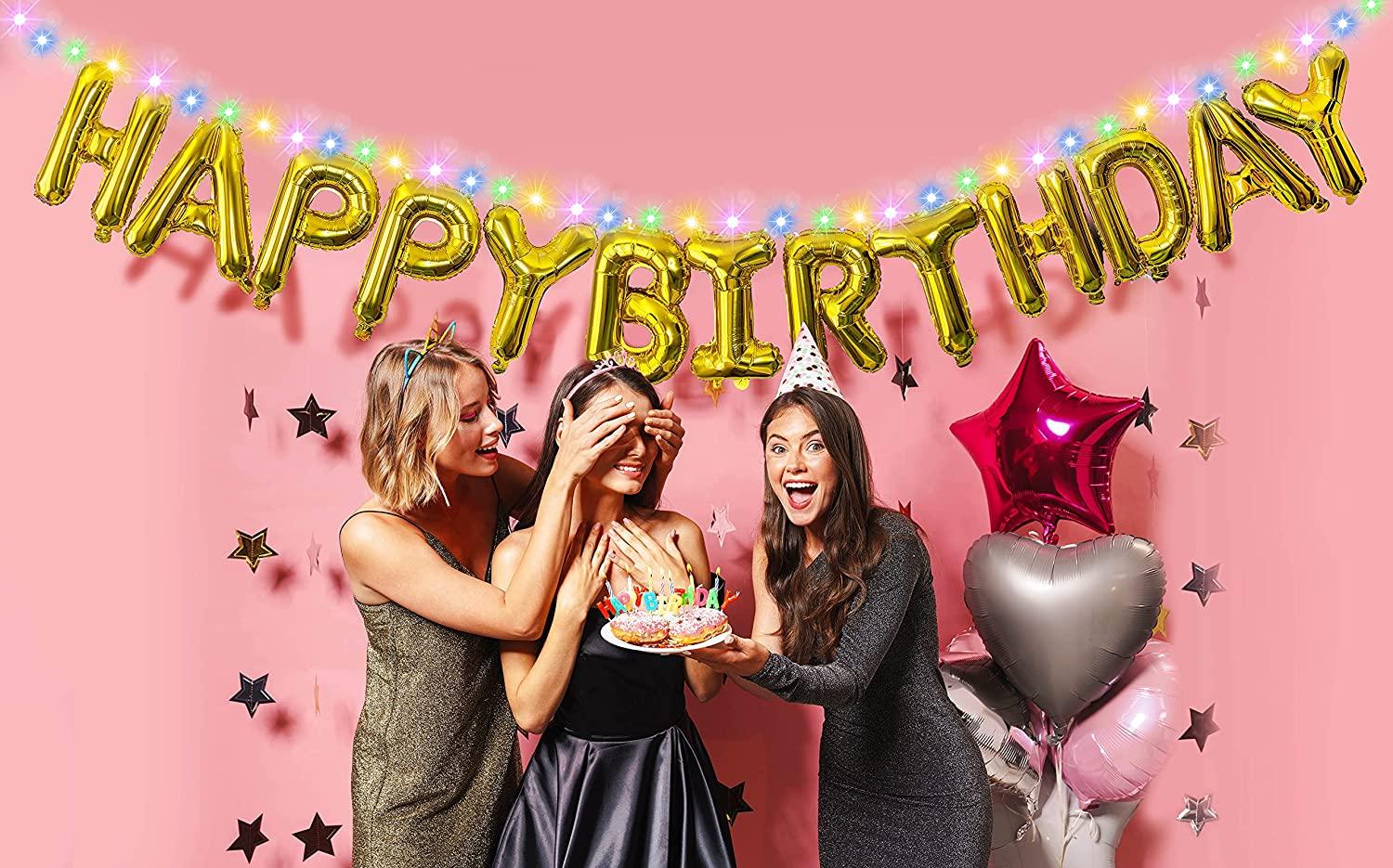 Happy Birthday Banner Decorations (Gold-LED), Balloons Party Sign Lights Banners, Foil Party, Balloons - Lasercutwraps Shop