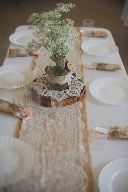 2pcs Burlap Table Runner Burlap Lace Table Runner for Weddings 12X108 Hessian Rustic Jute Country Thanksgiving Christmas Baby Party Decoration Table Decor - Lasercutwraps Shop