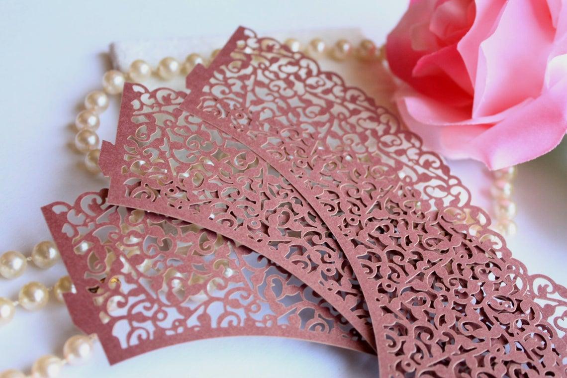 Burgundy Lace Filigree Cupcake Wrappers for Standard Cupcakes, Maroon Laser Cut Elegant Lace Cupcake Wrapper - Lasercutwraps Shop