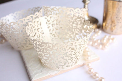 Ivory Lace Filigree Cupcake Wrappers for Cupcakes, Shimmer Ivory/Off White Laser Cut Lace Cupcake Liners - Lasercutwraps Shop