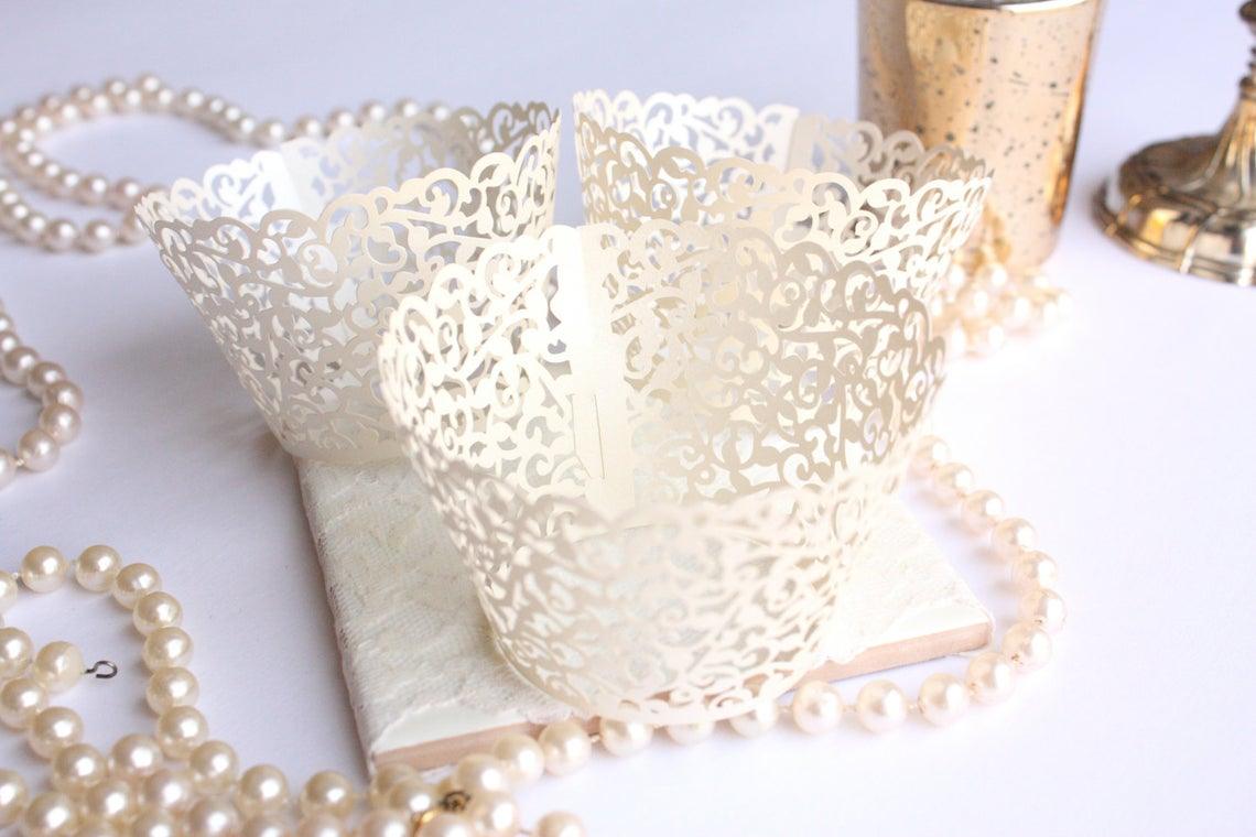 Ivory Lace Filigree Cupcake Wrappers for Cupcakes, Shimmer Ivory/Off White Laser Cut Lace Cupcake Liners - Lasercutwraps Shop