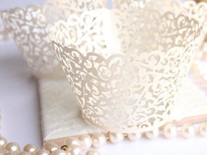 Ivory Lace Filigree Cupcake Wrappers for Cupcakes, Shimmer Ivory/Off White Laser Cut Lace Cupcake Liners - Lasercutwraps Shop