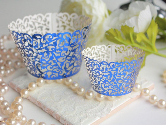 Metallic Blue Lace Filigree Cupcake Wrappers - Lasercutwraps Shop