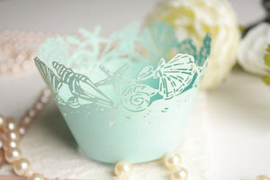 Blue Seashell Cupcake Wrappers for Standard or MINI Size Cupcakes, Beach Wedding Light Blue Laser Cut Cupcake Wrapper/Liner - Set of 50 - Lasercutwraps Shop