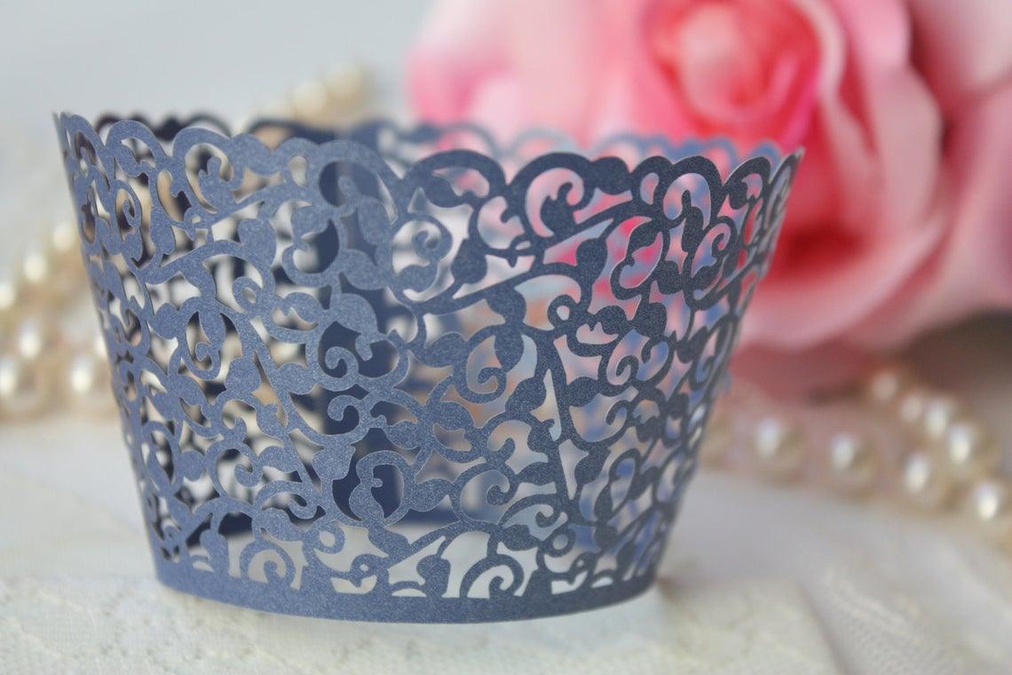 Blue Lace Filigree Cupcake Wrappers for Standard Size Cupcakes, Shimmer Royal Blue Laser Cut Cupcake Wrapper/Liner - Lasercutwraps Shop