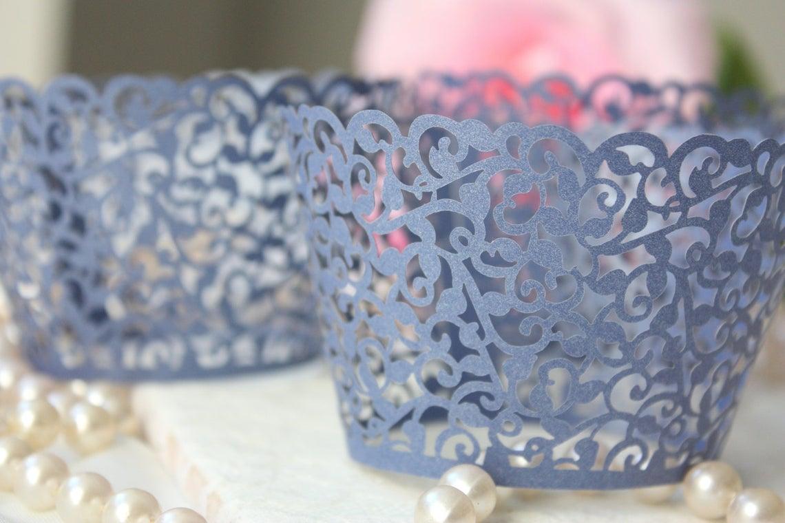 Blue Lace Filigree Cupcake Wrappers for Standard Size Cupcakes, Shimmer Royal Blue Laser Cut Cupcake Wrapper/Liner - Lasercutwraps Shop