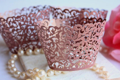 Burgundy Lace Filigree Cupcake Wrappers for Standard Cupcakes, Maroon Laser Cut Elegant Lace Cupcake Wrapper - Lasercutwraps Shop