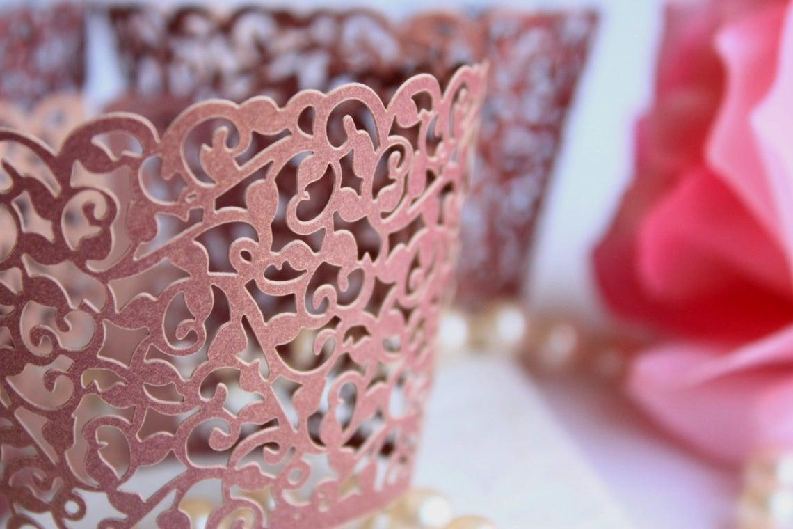 Burgundy Lace Filigree Cupcake Wrappers for Standard Cupcakes, Maroon Laser Cut Elegant Lace Cupcake Wrapper - Lasercutwraps Shop