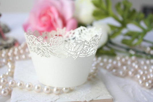 Ivory Cupcake Wrappers for Standard Cupcakes, Off White Shimmer Rose Design Wedding Cupcake Liners - Lasercutwraps Shop