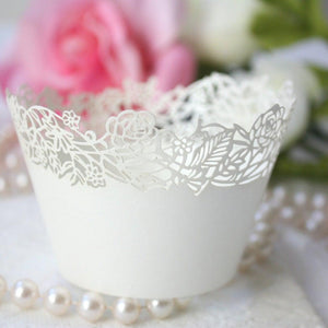 Ivory Cupcake Wrappers for Standard Cupcakes, Off White Shimmer Rose Design Wedding Cupcake Liners - Lasercutwraps Shop