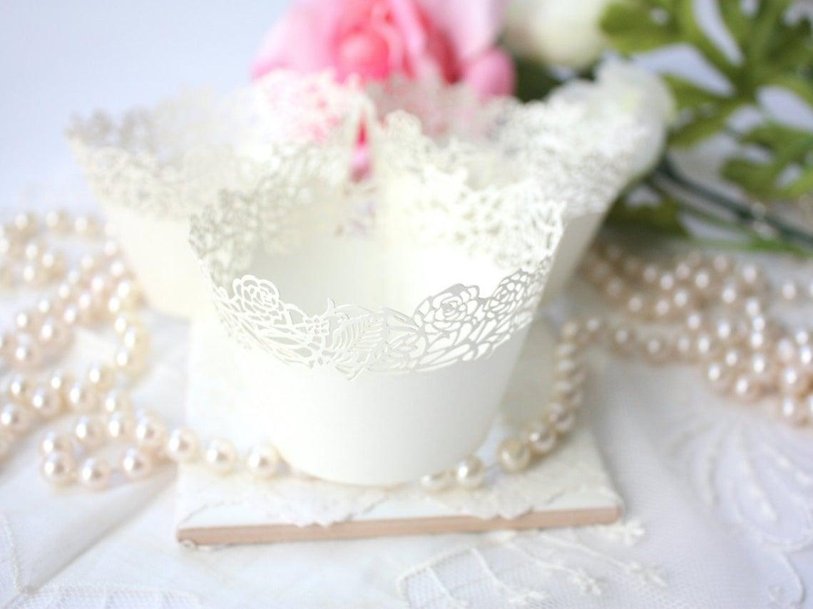 Ivory Cupcake Wrappers for Standard Cupcakes, Off White Shimmer Rose Design Wedding Cupcake Liners - Lasercutwraps Shop