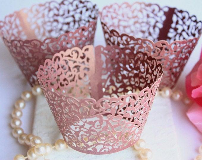 Burgundy Lace Filigree Cupcake Wrappers for MINI or Standard Cupcakes, Maroon Laser Cut Elegant Lace Cupcake Wrapper/Liner - Set of 12 - Lasercutwraps Shop