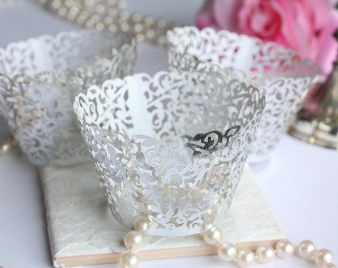 Metallic Silver Lace Filigree Cupcake Wrappers for MINI or Standard Cupcakes, Shiny Silver Laser Cut Lace Cupcake Liners - Set of 12 - Lasercutwraps Shop