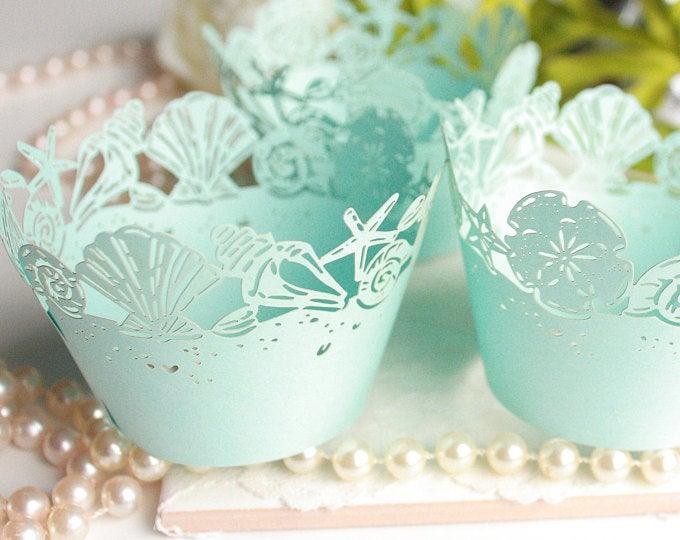 Blue Seashell Cupcake Wrappers for Standard or MINI Size Cupcakes, Beach Wedding Light Blue Laser Cut Cupcake Wrapper/Liner - Set of 50 - Lasercutwraps Shop