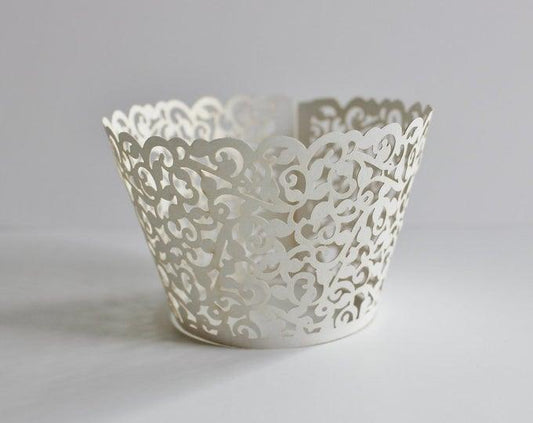 Wedding Cupcake Wrappers 10 White Lace Laser Cut Paper / Valentines / Shower / Baking / Gifts - Lasercutwraps Shop