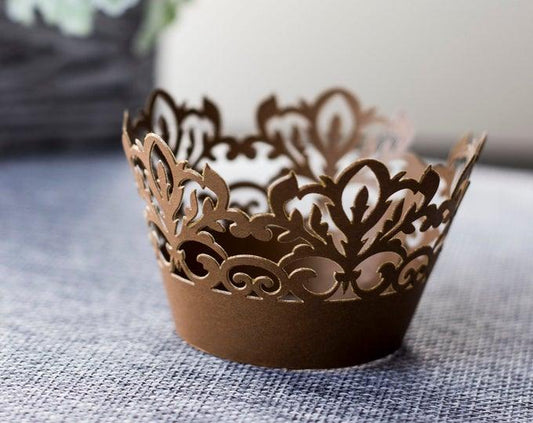 12 Dark Gold Damask Shimmer Laser Cut Cupcake Wrappers, 12 ct Gold Cupcake Wrap - Lasercutwraps Shop