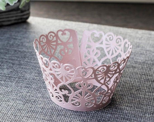 12 Pink Lace Heart Shimmer Laser Cut Cupcake Wrapper - Pack of 12 Blush Wedding Cupcake Wrappers - Lasercutwraps Shop