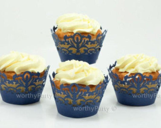 Classic Damask Filigree Navy Blue - Elegant Laser Cut Lace Wedding Cupcake / Muffin Wrappers - (set of 12) - Lasercutwraps Shop