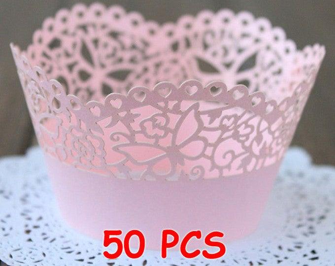 Pink Butterfly lace heart laser cut cupcake wrapper handmade wedding cupcake holder party cake wraps collars happy butterfly dance liners - Lasercutwraps Shop