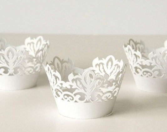 12 White Shimmer Damask Cupcake Wrappers - Laser Cut Lace Cupcake Wrap - 12 Ct Wedding Cupcake Wrappers - Lasercutwraps Shop