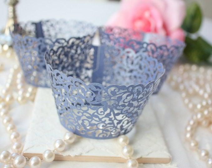 Blue Lace Filigree Cupcake Wrappers for Standard or MINI Size Cupcakes, Shimmer Royal Blue Laser Cut Cupcake Wrapper/Liner - Set of 12 - Lasercutwraps Shop