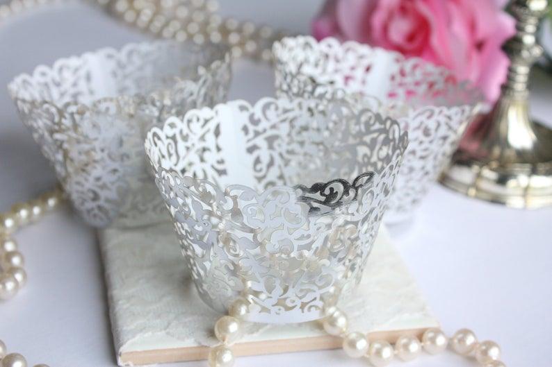 Metallic Silver Lace Filigree Cupcake Wrappers - Lasercutwraps Shop