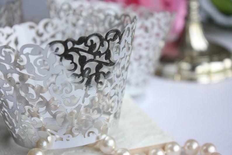 Metallic Silver Lace Filigree Cupcake Wrappers - Lasercutwraps Shop