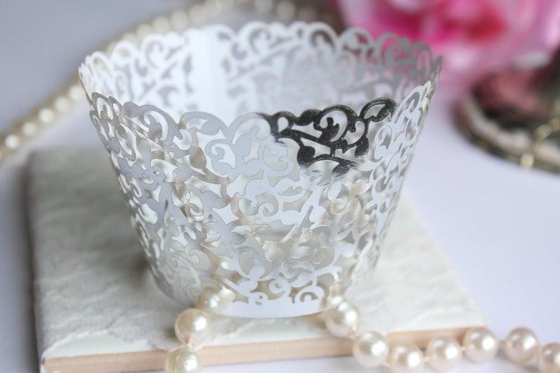 Metallic Silver Lace Filigree Cupcake Wrappers - Lasercutwraps Shop