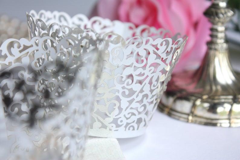 Metallic Silver Lace Filigree Cupcake Wrappers - Lasercutwraps Shop