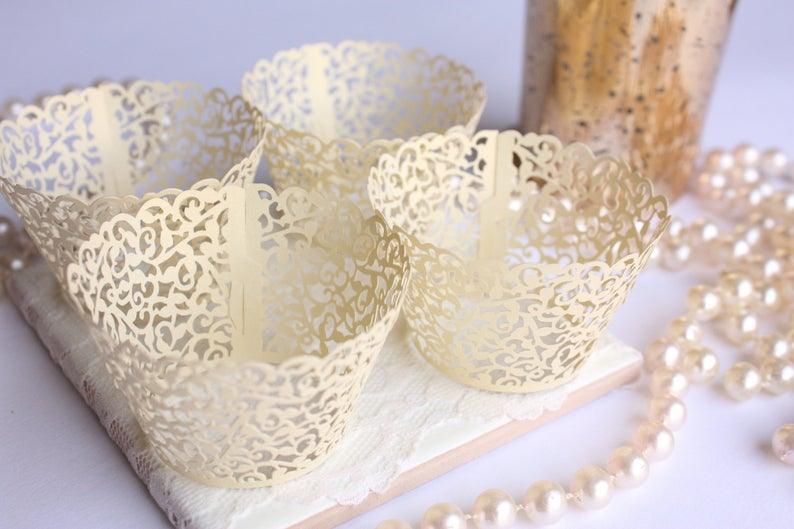 Yellow Lace Filigree Cupcake Wrappers, Shimmer Yellow Laser Cut Elegant Lace Cupcake Wrappers - Lasercutwraps Shop