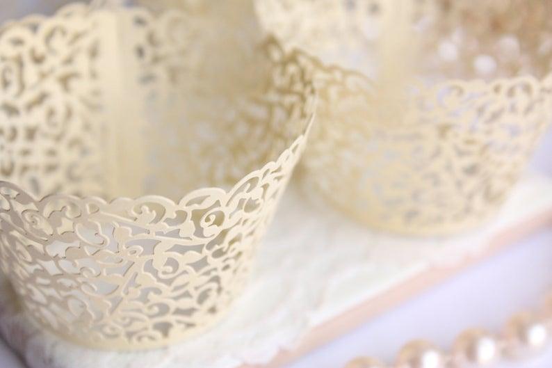 Yellow Lace Filigree Cupcake Wrappers, Shimmer Yellow Laser Cut Elegant Lace Cupcake Wrappers - Lasercutwraps Shop