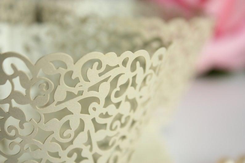Gray Cupcake Wrappers, Shimmer Silver Grey Lace Filigree Cupcake Liners, Laser Cut Wrapper - Lasercutwraps Shop