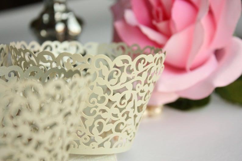 Gray Cupcake Wrappers, Shimmer Silver Grey Lace Filigree Cupcake Liners, Laser Cut Wrapper - Lasercutwraps Shop