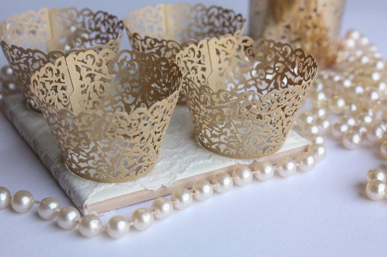 Dark Gold Lace Filigree Cupcake Wrappers for Cupcakes, Shimmer Gold Laser Cut Elegant Lace Cupcake Liners - Lasercutwraps Shop