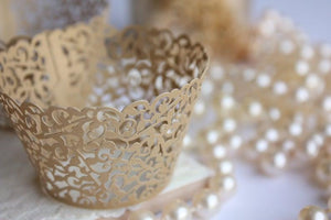 Dark Gold Lace Filigree Cupcake Wrappers for Cupcakes, Shimmer Gold Laser Cut Elegant Lace Cupcake Liners - Lasercutwraps Shop