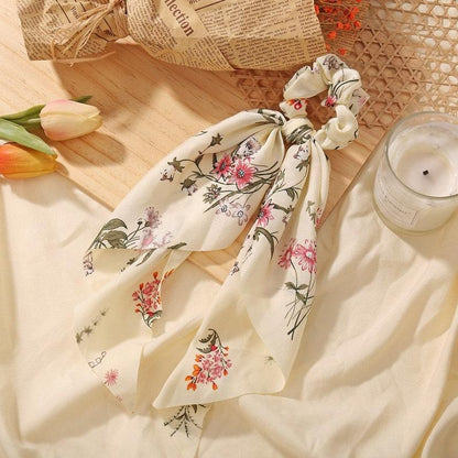 Chiffon Floral Print Hair Scarf Scrunchies, super soft Ribbon Bowknot Scarf Scrunchies - Lasercutwraps Shop