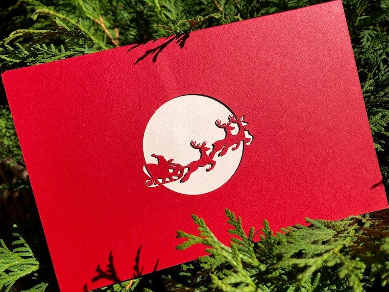 Handmade 3D Pop Up Merry Christmas Greeting Card Red Santa Reindeer Sleigh with Envelope - Lasercutwraps Shop