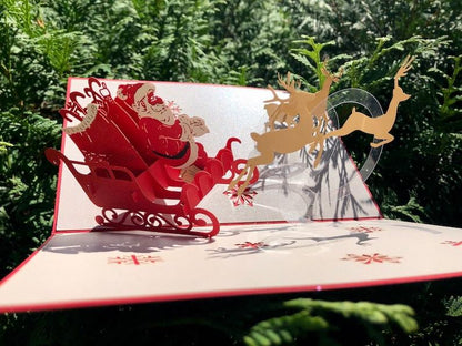 Handmade 3D Pop Up Merry Christmas Greeting Card Red Santa Reindeer Sleigh with Envelope - Lasercutwraps Shop