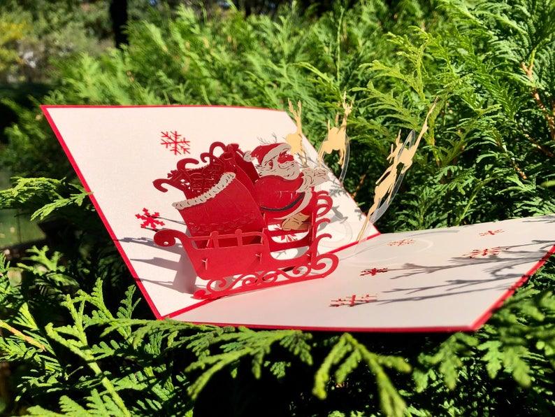Handmade 3D Pop Up Merry Christmas Greeting Card Red Santa Reindeer Sleigh with Envelope - Lasercutwraps Shop