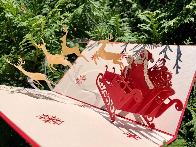 Handmade 3D Pop Up Merry Christmas Greeting Card Red Santa Reindeer Sleigh with Envelope - Lasercutwraps Shop