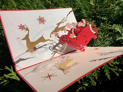 Handmade 3D Pop Up Merry Christmas Greeting Card Red Santa Reindeer Sleigh with Envelope - Lasercutwraps Shop