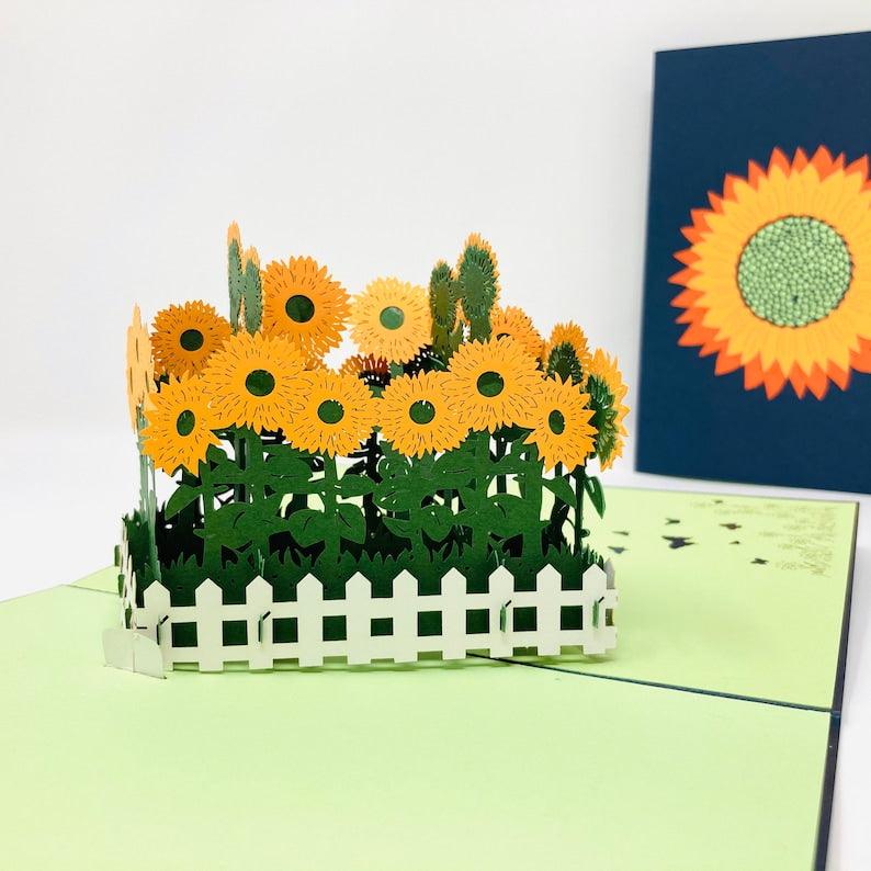 Sunflowers In White Picket Fence 3D Handmade Pop Up Card - Lasercutwraps Shop